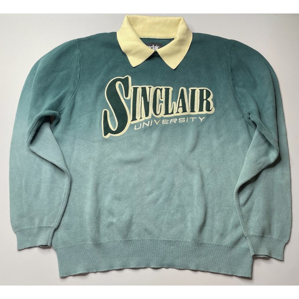 Sinclair University Sweater Mens Medium Teal Ombre Long Sleeve Cotton Top 90s - Picture 2 of 11